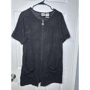 Beach Cabana Women’s Short Sleeve Mesh Zip Up Swimsuit Cover Black Size Medium